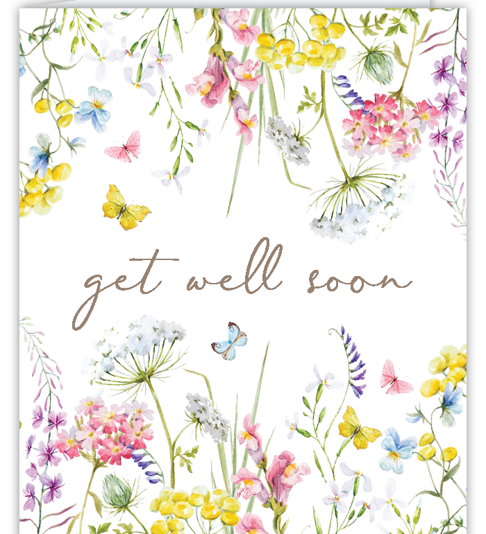 Rosanne Beck Get Well Soon card with handpainted wildflower — soft floral design to uplift and encourage. Available at Be Charmed