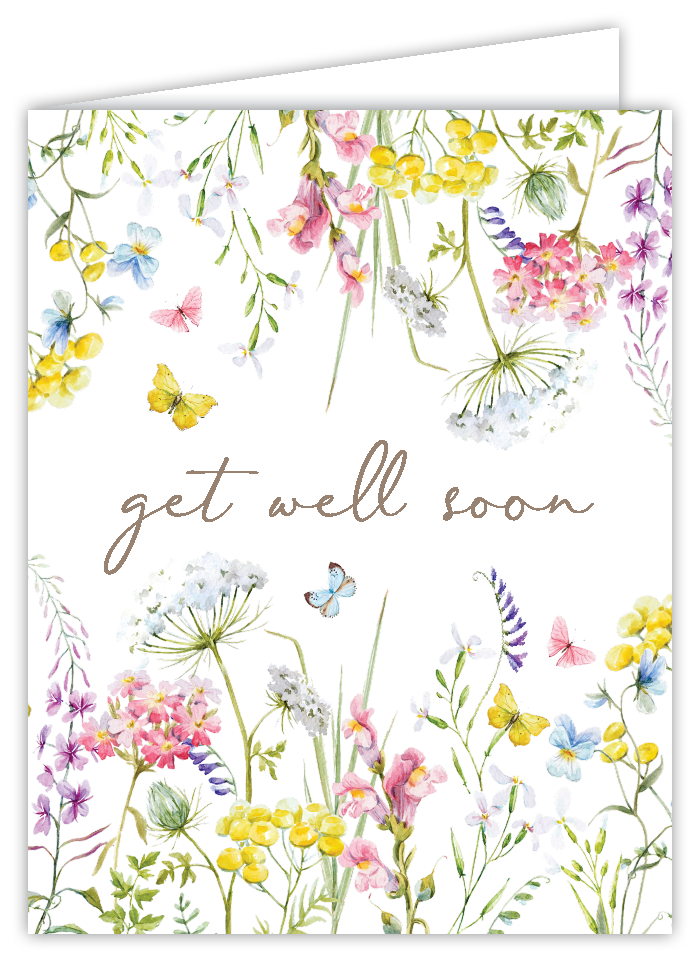 Rosanne Beck Get Well Soon card with handpainted wildflower — soft floral design to uplift and encourage. Available at Be Charmed