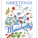 Greeting card featuring handpainted icons representing Massachusetts, including landmarks, state symbols, and regional motifs, in a colorful and whimsical illustration style by Rosanne Beck