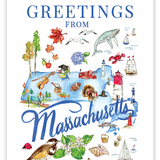 Greeting card featuring handpainted icons representing Massachusetts, including landmarks, state symbols, and regional motifs, in a colorful and whimsical illustration style by Rosanne Beck