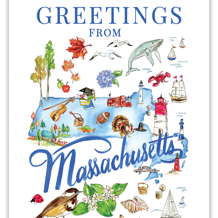Greeting card featuring handpainted icons representing Massachusetts, including landmarks, state symbols, and regional motifs, in a colorful and whimsical illustration style by Rosanne Beck