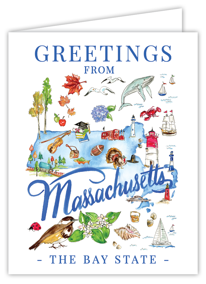 Greeting card featuring handpainted icons representing Massachusetts, including landmarks, state symbols, and regional motifs, in a colorful and whimsical illustration style by Rosanne Beck