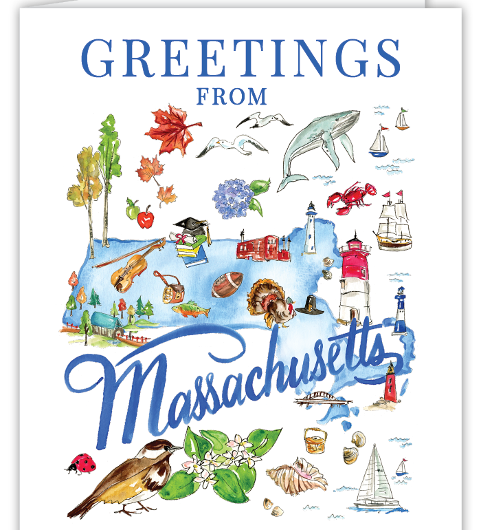 Greeting card featuring handpainted icons representing Massachusetts, including landmarks, state symbols, and regional motifs, in a colorful and whimsical illustration style by Rosanne Beck