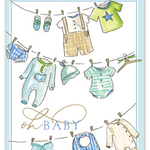 Rosanne Beck handpainted baby boy card featuring a charming blue clothesline design—perfect for new baby gifts, available now at Be Charmed.