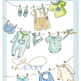 Rosanne Beck handpainted baby boy card featuring a charming blue clothesline design—perfect for new baby gifts, available now at Be Charmed.