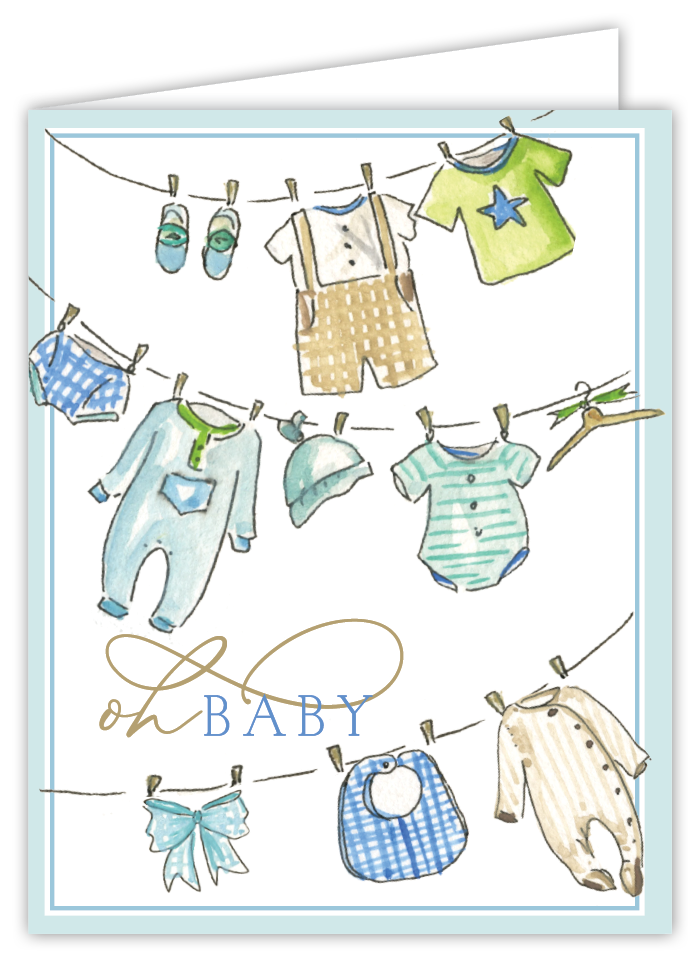 Rosanne Beck handpainted baby boy card featuring a charming blue clothesline design—perfect for new baby gifts, available now at Be Charmed.