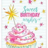 Rosanne Beck handpainted birthday card featuring a festive cupcake with sparkler—perfect for joyful celebrations, available now at Be Charmed.