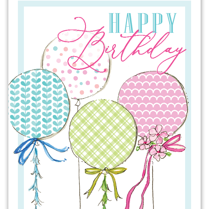 Rosanne Beck handpainted happy birthday card featuring colorful balloons design—perfect for celebrations, available now at Be Charmed.