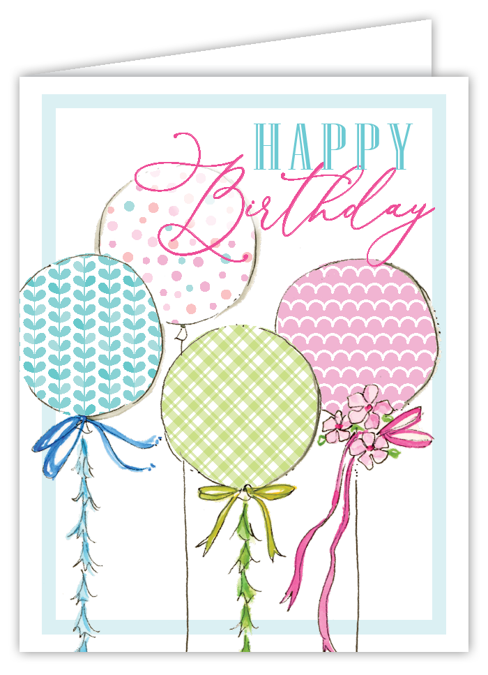 Rosanne Beck handpainted happy birthday card featuring colorful balloons design—perfect for celebrations, available now at Be Charmed.