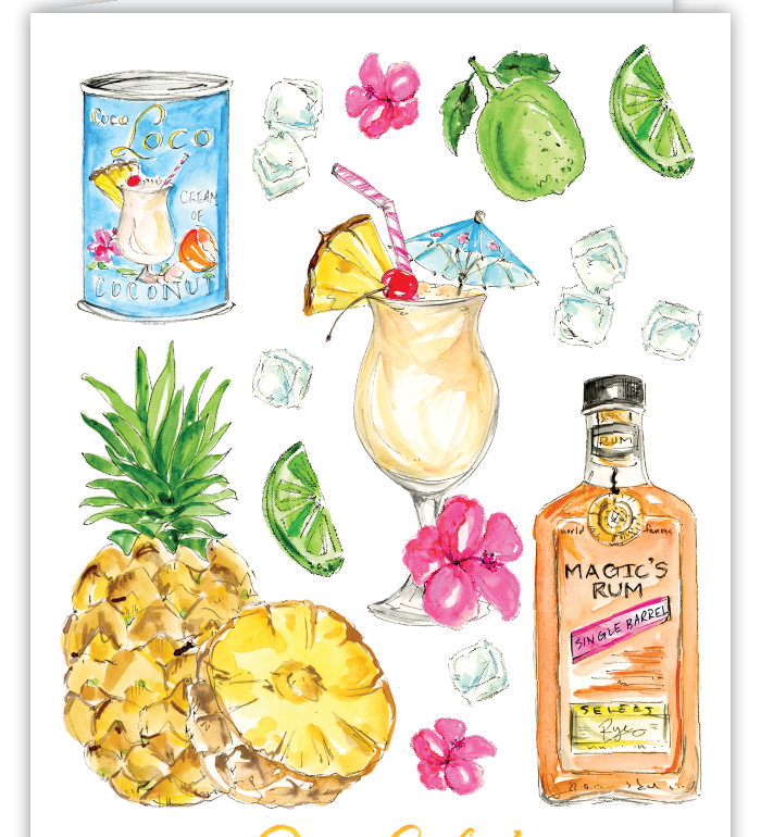 Rosanne Beck handpainted blank card featuring tropical sun, sand, and pina colada design—perfect for vacation vibes, available at Be Charmed.