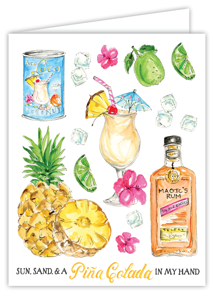 Rosanne Beck handpainted blank card featuring tropical sun, sand, and pina colada design—perfect for vacation vibes, available at Be Charmed.