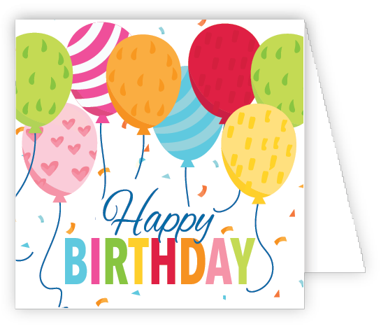 Rosanne Beck Happy Birthday Balloons/Confetti Enclosure Card featuring vibrant balloons and colorful confetti, available at Be Charmed