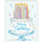 Rosanne Beck Happy Birthday Cake greeting card — handpainted tiered cake with candles. Available at Be Charmed