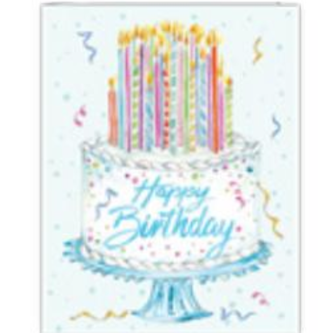 Rosanne Beck Happy Birthday Cake greeting card — handpainted tiered cake with candles. Available at Be Charmed