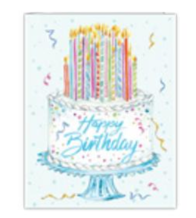 Rosanne Beck Happy Birthday Cake greeting card — handpainted tiered cake with candles. Available at Be Charmed