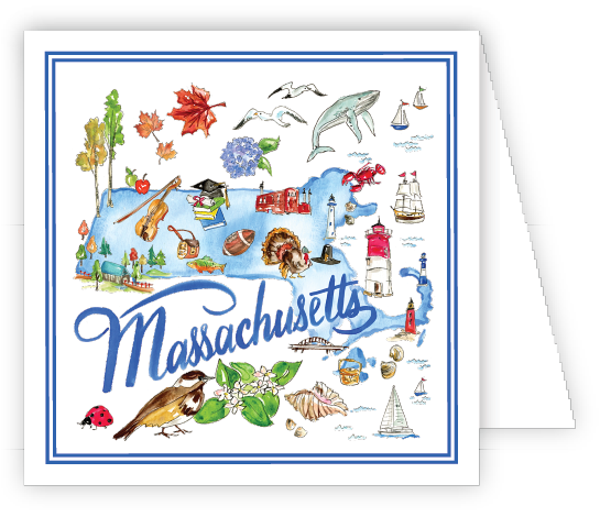 Rosanne Beck Massachusetts Handpainted Icons Enclosure Card featuring charming hand-painted illustrations iconic to Massachusetts, available at Be Charmed