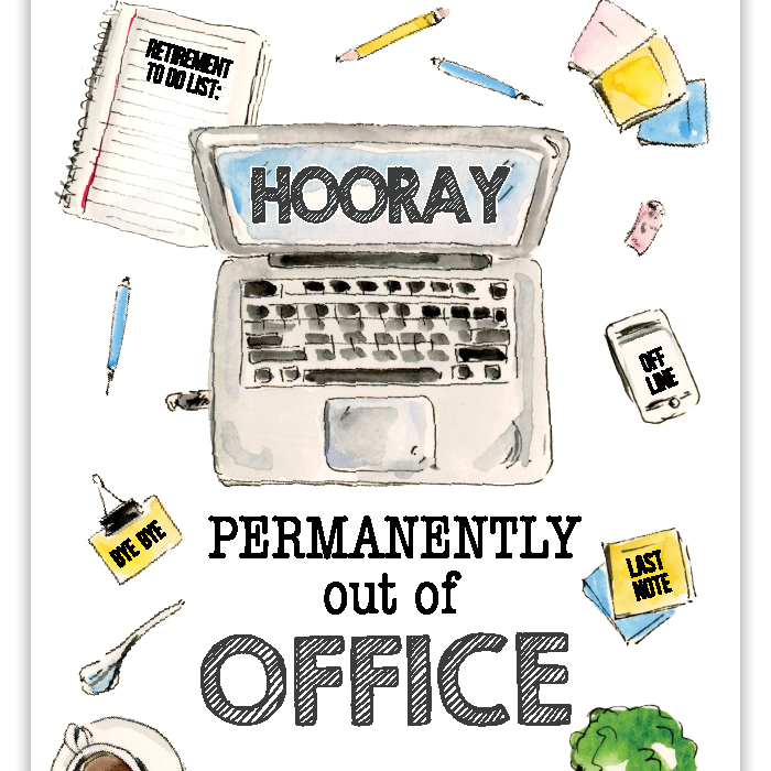 Rosanne Beck retirement card featuring "Permanently Out of Office" text with playful handpainted design—ideal for farewell wishes, available at Be Charmed.
