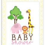 Rosanne Beck Zoo Animals Pink Baby Shower Card featuring delightful illustrations of zoo animals in soft pink hues, available at Be Charmed