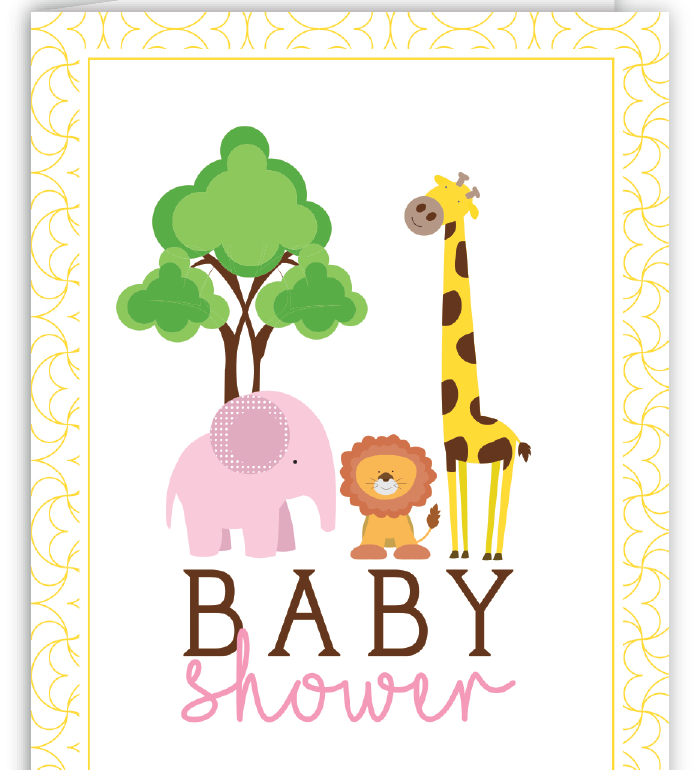 Rosanne Beck Zoo Animals Pink Baby Shower Card featuring delightful illustrations of zoo animals in soft pink hues, available at Be Charmed