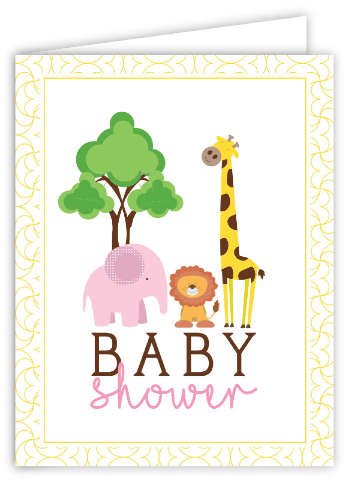 Rosanne Beck Zoo Animals Pink Baby Shower Card featuring delightful illustrations of zoo animals in soft pink hues, available at Be Charmed