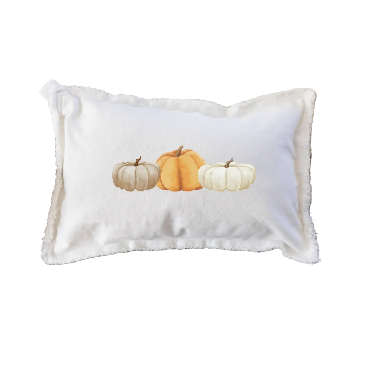 A lumbar pillow with a white sham, featuring a fall pumpkin design. Available at Be Charmed