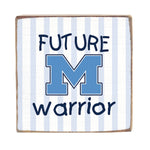 Blanket with 'Future Warrior' text and blue letter 'M' on a striped background Available at Be Charmed
