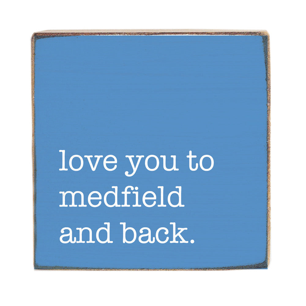 Blue sign with white text 'love you to medfield and back.' Available at Be Charmed