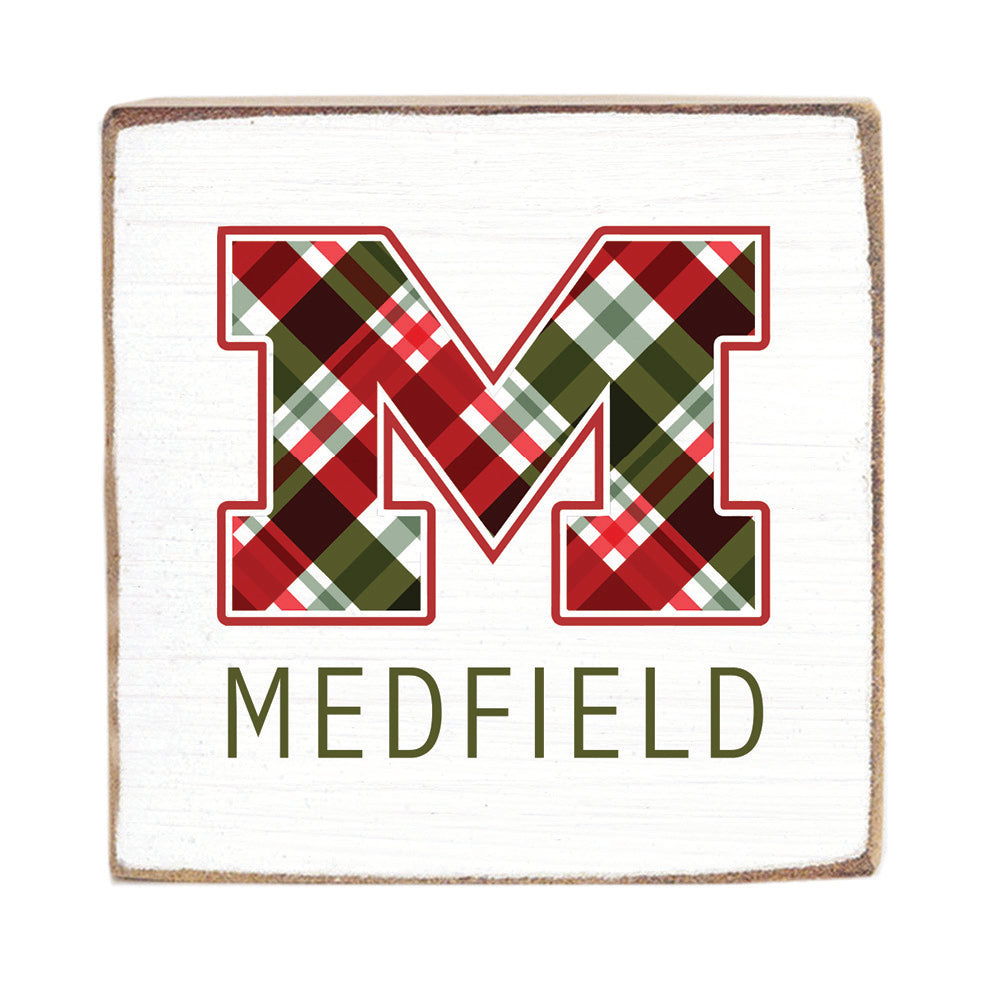 Square patch with plaid letter 'M' and text 'MEDFIELD' on a white background. Available at Be Charmed
