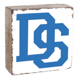 A 6x6 rustic marlin pine block with a Dover Sherborn logo in blue. Available at Be Charmed