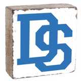 A 6x6 rustic marlin pine block with a Dover Sherborn logo in blue. Available at Be Charmed