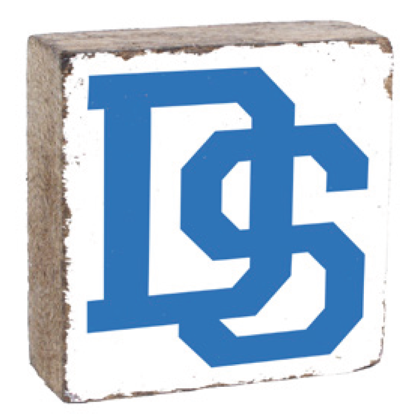 A 6x6 rustic marlin pine block with a Dover Sherborn logo in blue. Available at Be Charmed
