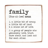 Definition of 'family' on a rustic marlin wooden block with black text. Available at Be Charmed