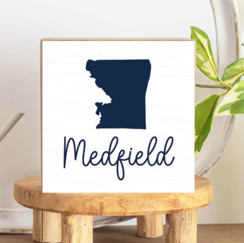 Rustic Marlin Medfield silhouette 6 x 6 block sign celebrating hometown décor, Available at Be Charmed