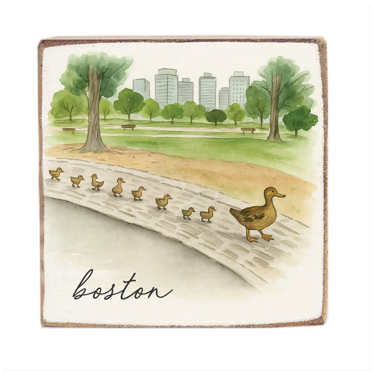 Rustic Marlin 6x6 Block Sign with Ducklings Boston design. Handcrafted rustic city décor and Boston gift. Available at Be Charmed.