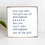 Rustic Marlin 6x6 Block Sign with “You Can Take The Girl Out Of New England” quote. Handcrafted rustic décor. Available at Be Charmed.