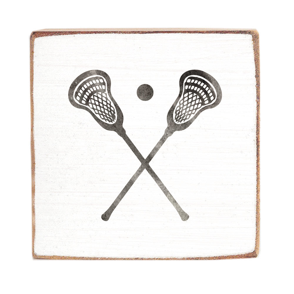 Rustic Marlin 6x6 Block with Lacrosse design. Handcrafted rustic sports décor and lacrosse gift. Available at Be Charmed.