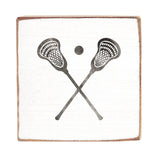 Rustic Marlin 6x6 Block with Lacrosse design. Handcrafted rustic sports décor and lacrosse gift. Available at Be Charmed.