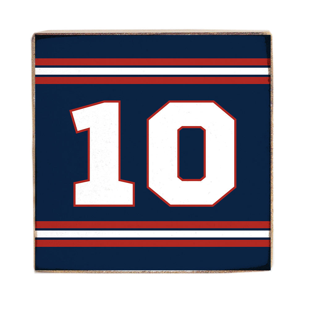 Navy blue square with white number '10' and red and white stripes. Available at Be Charmed