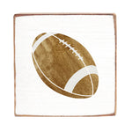 Rustic wood block with a football design on a white background. Available at Be Charmed
