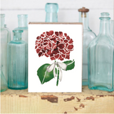 A decorative wooden block featuring a print of a red and green hydrangea flower with a white ribbon, placed on a wooden surface with glass bottles in the background. Available at Be Charmed