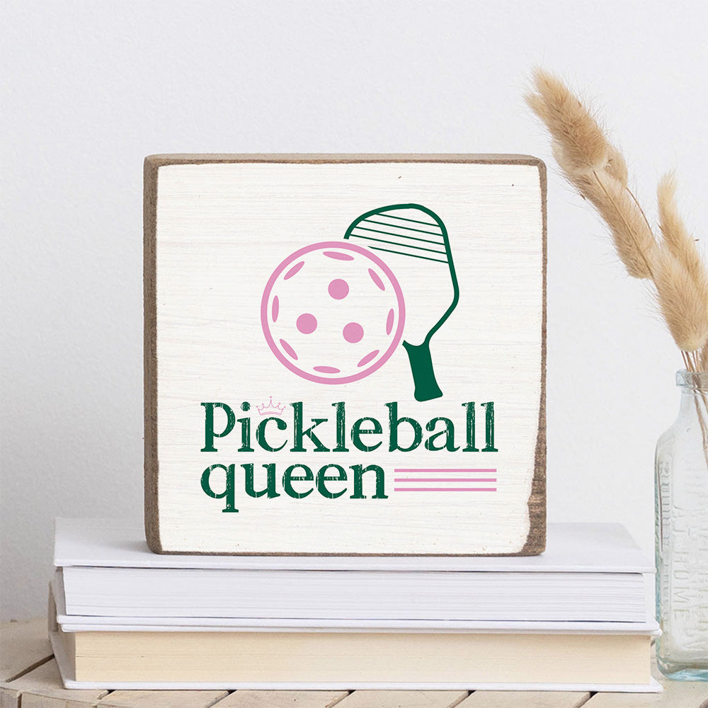 Rustic Marlin Pickleball Queen 6x6 block sign with playful sports theme and rustic design, fun home décor accent for pickleball lovers, Available at Be Charmed
