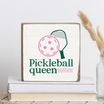 Rustic Marlin Pickleball Queen 6x6 block sign with playful sports theme and rustic design, fun home décor accent for pickleball lovers, Available at Be Charmed