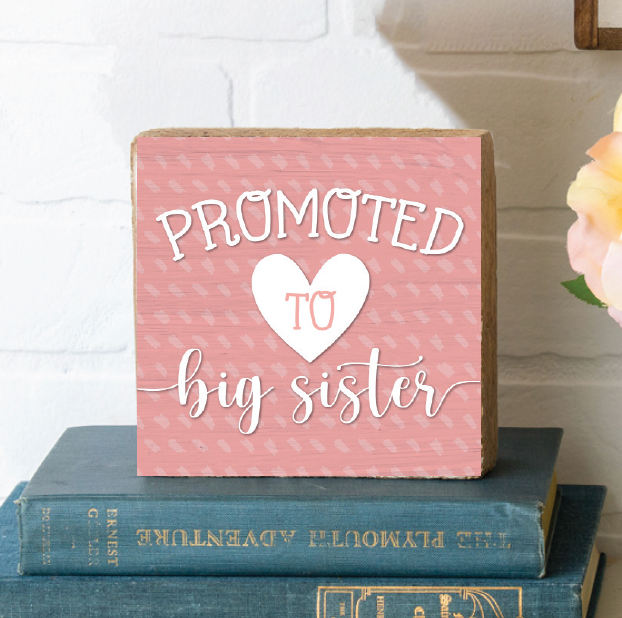 A rectangular wooden block with pink background, text that reads 'Promoted to Big Sister' and a heart symbol, placed on a surface with a vase of pink flowers in the background. Available at Be Charmed