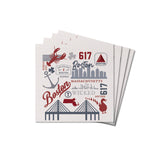 A set of Rustic Marlin square wooden coasters with a handcrafted design featuring Boston-themed elements, such as a lobster, anchor, and cityscape. Available at Be Charmed