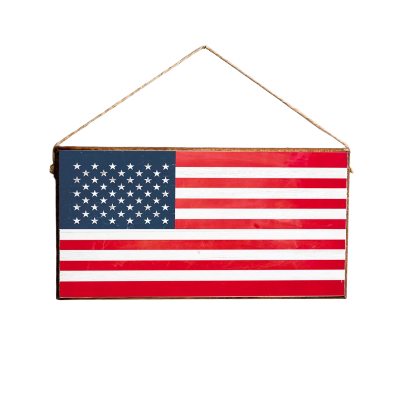 A rustic wooden twine hanging sign with the American flag design, featuring a blue field with white stars and red and white stripes, isolated on a white background. Available at Be Charmed