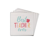 Rustic Marlin  square solid wood coasters with 'Best Teacher Ever' printed on them, along with an apple and decorative elements in colorful text. Available at Be Charmed