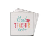 Rustic Marlin  square solid wood coasters with 'Best Teacher Ever' printed on them, along with an apple and decorative elements in colorful text. Available at Be Charmed