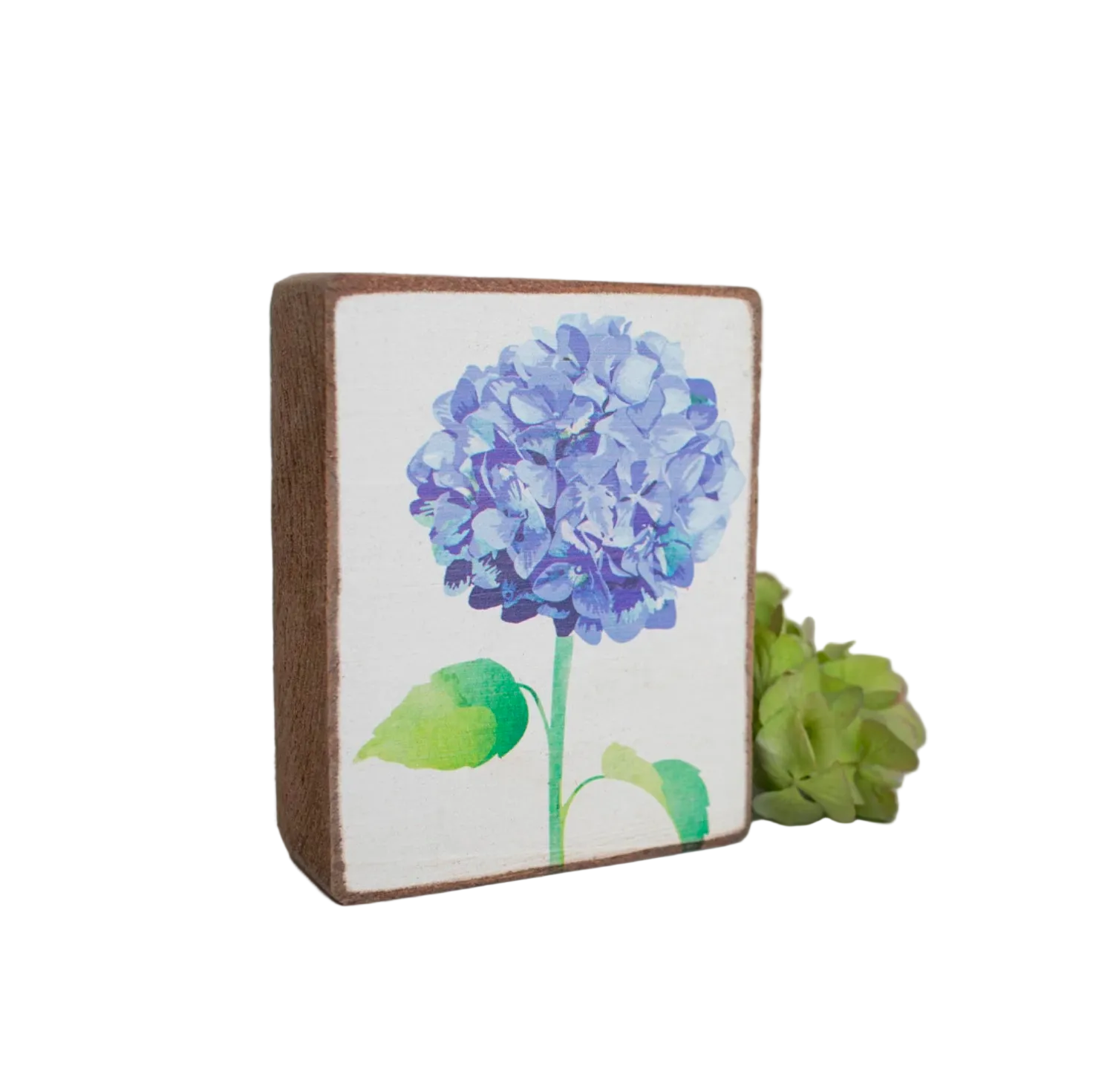 Rustic Marlin Blue Hydrangea Wood Block featuring hand-painted floral artwork on real wood—fresh, coastal decor, available at Be Charmed
