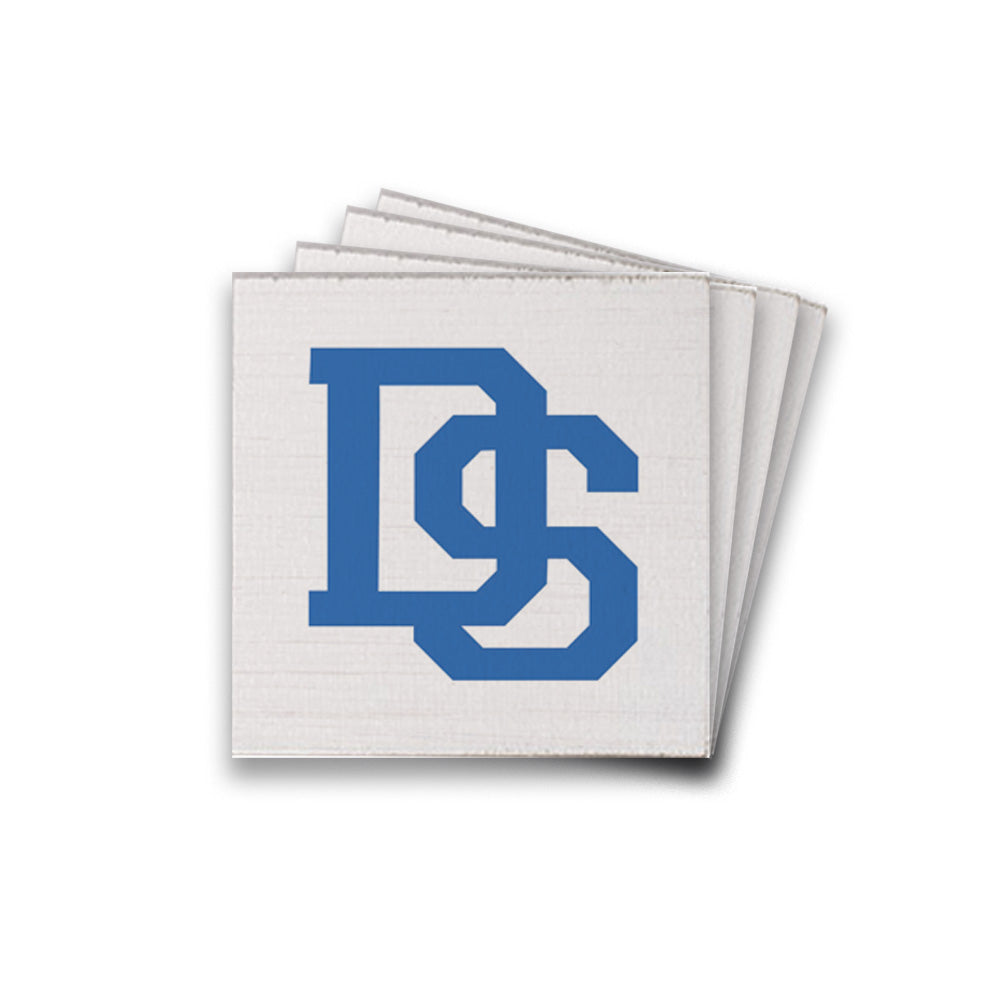 A Rustic Marlin square, solid wood coasters with the embossed letters 'DS' in blue. Available at Be Charmed