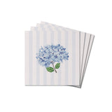 A stack of square coasters with a hydrangea floral pattern on a striped blue and white background. Available at Be Charmed